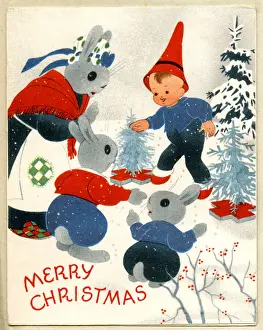 Christmas card, Pixie and Bunny Rabbits in Snow