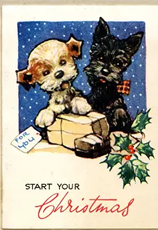 Snowing Prints: Christmas card, Two puppies with parcels