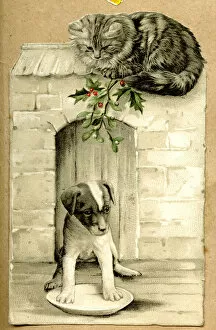 Christmas card, puppy and cat with mistletoe and holly