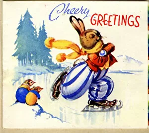 Skates Gallery: Christmas card, Rabbit skating on ice