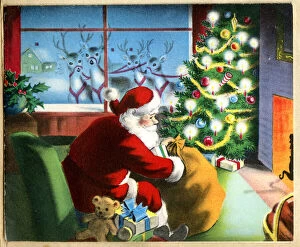 Christmas card, Santa Claus delivering presents