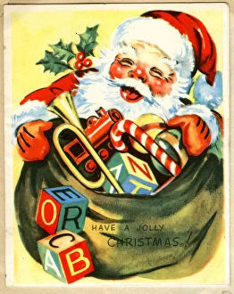 Christmas card, Santa Claus with his sack