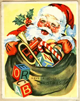 Claus Prints: Christmas card, Santa Claus with his sack
