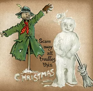 Images Dated 17th March 2017: Christmas card, scarecrow and snowman