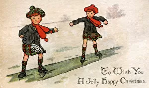 Images Dated 17th March 2017: Christmas card, Scottish boys sliding on ice