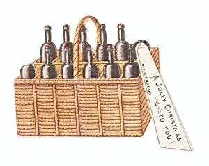 Images Dated 4th December 2015: Christmas card in the shape of a basket of wine bottles