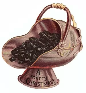 Victorian and Edwardian Christmas Cards Gallery: Christmas card in the shape of a coal scuttle