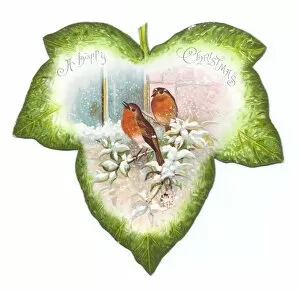 Victorian and Edwardian Christmas Cards Gallery: Christmas card in the shape of a green leaf with robins