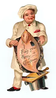 Fishmonger Prints: Christmas card in the shape of a man holding a fish