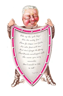 Images Dated 1st December 2015: Christmas card in the shape of a man holding a shield