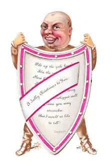 Christmas card in the shape of a man holding a shield