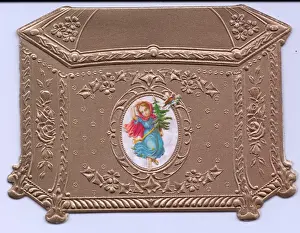 Christmas card in the shape of an ornate golden box