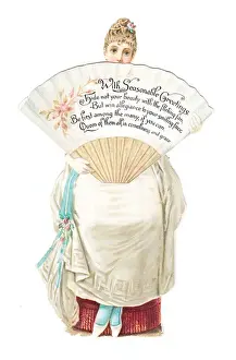 Concealing Prints: Christmas card in the shape of a woman holding a fan