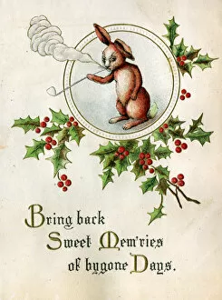Christmas card, smoking rabbit with holly