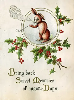 Bring Prints: Christmas card, smoking rabbit with holly