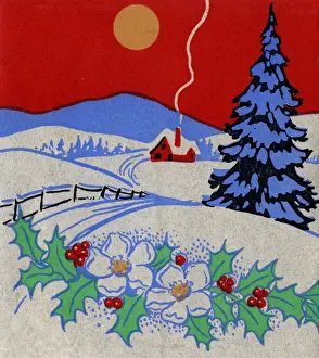 Christmas card, Snow scene with cottage