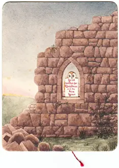 Christmas card with stone wall and gothic window