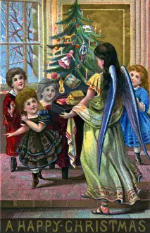 Christmas card, Victorian children with angel and tree