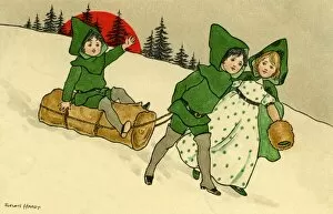 Capes Collection: Christmas children with yule log