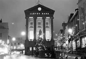 Christmas decorations and bank, Penzance, Cornwall