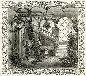 Images Dated 1st December 2017: Christmas decorations: decorating the hall, 1877