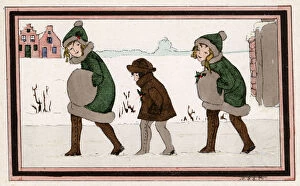 Fur Trimmed Collection: Christmas - Three Dutch girls walk through the snow