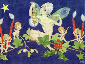 Nylon Prints: Christmas Fairy and Cupids carrying candles, mistletoe
