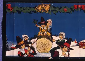 Yule Prints: Christmas frieze, Children playing on Yule Log in Snow