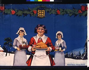 Christmas frieze, servants with Christmas dinner in snow
