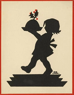 Brings Collection: Christmas greetings card - Little girl brings in the pudding