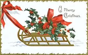 Berries Prints: Christmas Holly being pulled along atop a wooden frame