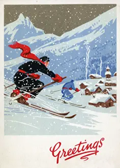Skier Prints: Christmas and New Year Greetings Card - Skiing Date: 1946