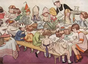 At The Christmas Party- Pulling Crackers Round The Table. By