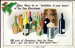 Tankard Prints: Christmas postcard, bottles, barrel and tankard