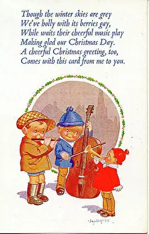 Christmas postcard, Three boys playing musical instruments in the snow Date: 20th century