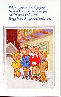 Christmas postcard, Four children carol singing Date: 20th century