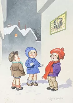 Carol Collection: Christmas postcard, Three children carol singing in the street Date: 20th century