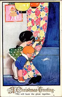 Hilda Prints: Christmas postcard, children with cat and mouse - We will hunt the ghost together