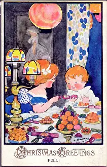 Hilda Prints: Christmas postcard, children with cracker - Pull! Date: circa 1930s