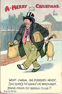 Drunkard Prints: Christmas postcard, Drunken man going home with goodies from the Goose Club Date
