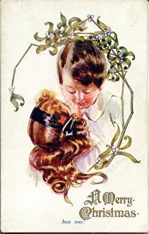 Nash Prints: Christmas postcard, Girl and boy under mistletoe - Just one! Date: early 20th century