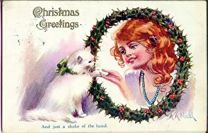 Shake Prints: Christmas postcard, Girl and white cat - And just a shake of the hand