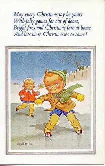 Christmas postcard, Happy girl and boy ice skating Date: 20th century