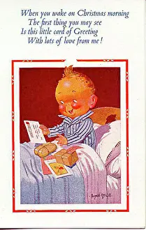 Pleased Prints: Christmas postcard, Little boy in bed on Christmas morning - cards and presents Date: 20th century