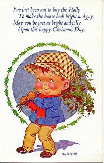 Christmas postcard, Little boy carrying holly Date: 20th century