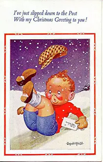 Christmas postcard, Little boy slipping in the snow Date: 20th century