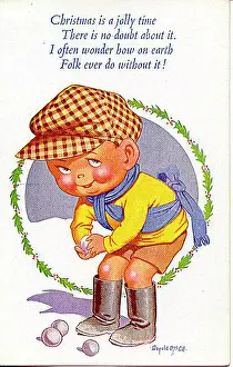 Christmas postcard, Little boy with snowballs Date: 20th century