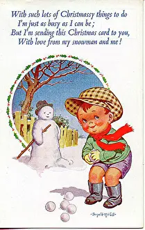Christmas postcard, Little boy with snowman and snowballs Date: 20th century