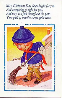 Troubles Prints: Christmas postcard, Little boy sweeping away the snow Date: 20th century
