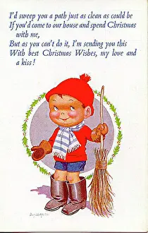 Christmas postcard, Little boy with sweeping brush Date: 20th century